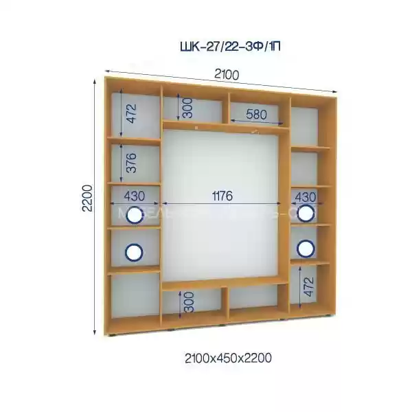 Шафа-купе 27/22-3Ф/1П-2100*450*2200 3-х дверна з ДСП
