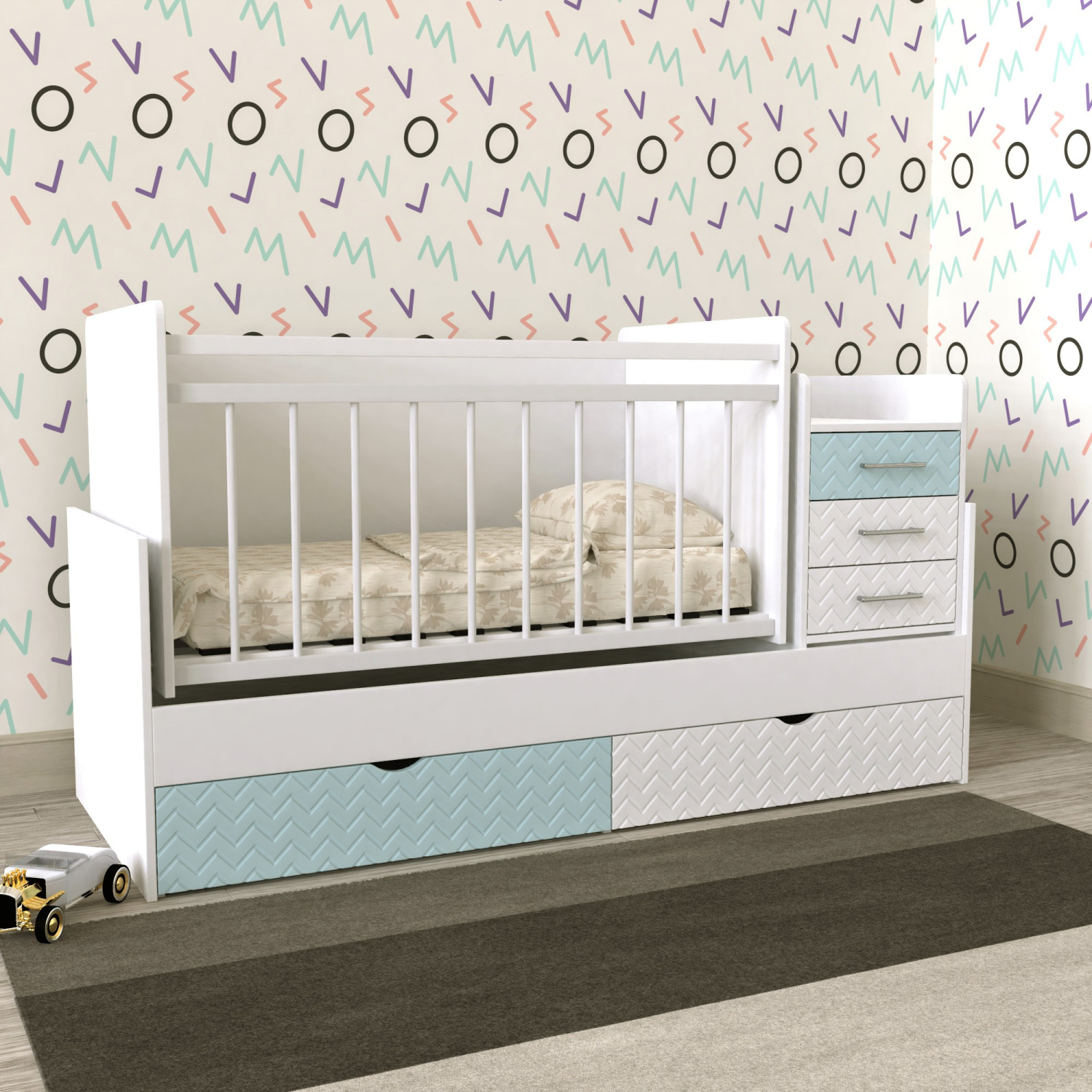 Дитяче ліжко Binky DS039 (3 в 1) аляска/лагуна+білий супермат (МДФ)